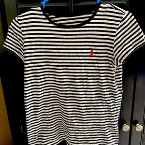 Black and white strip polo tee shirt.